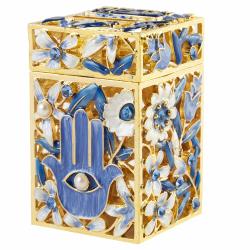 Hand-Painted Enamel Tzedakah Charity Box Keepsake Treasure Box Embellished with Matashi Crystals and a Hamsa Protects Against Evil Eye Motif Design with Gold Accents, Judaica Home Decor Piggy Bank