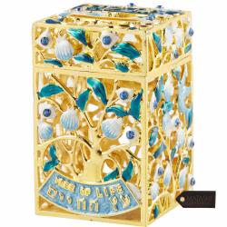 Hand-Painted Enamel Tzedakah Charity Box Keepsake Treasure Box Embellished with Matashi Crystals and a Tree of Life Motif Design with Gold Accents, Judaica Home Decor Piggy Bank