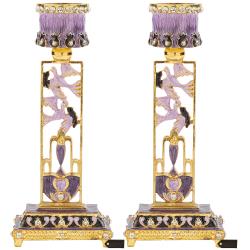 Shabbat Candlestick (2-Piece Set) Hand-Painted, Gold-Plated Pewter | Tall, Vintage Craftsmanship | Adorned w/ Doves | Personal or Religious Enjoyment (Purple)