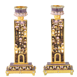 Shabbat Candlestick (2-Piece Set) Hand-Painted, Gold-Plated Pewter | Tall, Vintage Craftsmanship | Adorned w/ City Wall | Personal or Religious Enjoyment