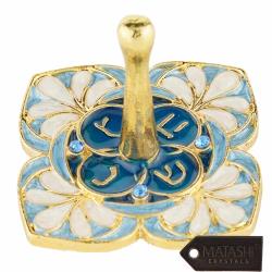 Hand-Painted Blue Floral Spinning Dreidel Holiday Ornaments (Pewter) Elegant Jewish Décor |  Decoration for Family or Personal Use | Gold-Plated, Vintage Design, Embellished with Matashi Crystals | Judaica