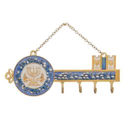 Hand-Painted Blue Enamel Menorah and Jerusalem Cityscape Design Decorative Hanging Wall Hooks  for Entryway, Hallway, Bedroom, Kitchen and Home Decor