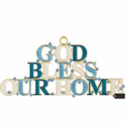 God Bless Our Home Welcome Wall Art Sign for Home, 7.5'' Blue and Ivory Hanging Wall Ornament with Matashi Crystals  (Pewter) Beautiful Décor for Kitchen, Living, or Family Room | Intricate Design