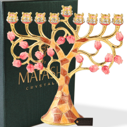 Hand Painted Enamel Menorah Candelabra Embellished with an Intertwining Pomegranate Design with Gold Accents and High Quality Crystals by Matashi