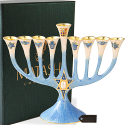 Hand Painted Enamel Menorah Candelabra with a Star of David Design and Embellished with Gold Accents and High Quality Crystals by Matashi