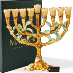 Hand Painted Enamel Menorah Candelabra with a Tree and Flower Buds Design and Embellished with Gold Accents and High Quality Crystals by Matashi