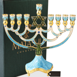 Hand Painted Enamel Menorah Candelabra with a Star of David Design and Embellished with Gold Accents and High Quality Crystals by Matashi