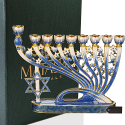 Hand Painted Blue Enamel Menorah Candelabra with a Modern Flow & Star of David Design, Embellished with Gold Accents and High Quality Crystals by Matashi