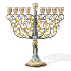 7.5" Tall Hand Painted Enamel Menorah Candelabra Embellished with an Intertwining Flowers Design  Gold Accents and High Quality Blue Crystals by Matashi