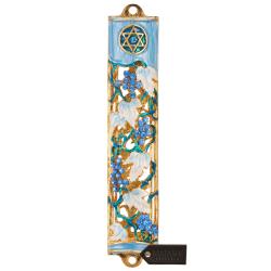 Hand Painted 6" Blue and Ivory Enamel Grape Mezuzah Embellished with Gold Accents and High Quality Crystals by Matashi