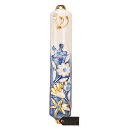 Hand Painted 5" Blue and Ivory Enamel Flower Mezuzah Embellished with Gold Accents and High Quality Crystals by Matashi