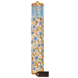 Hand Painted 5.5" Blue and Ivory Enamel Flower Mezuzah Embellished with Gold Accents and Menorah Design and High Quality Crystals by Matashi