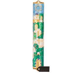 Hand Painted 5.5" Blue and Ivory Enamel Jerusalem Cityscape Mezuzah Embellished with Gold Accents and a Star of David with High Quality Crystals by Matashi