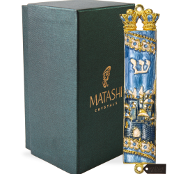 Hand Painted Blue Enamel Mezuzah with Jerusalem City Design with Gold Accents and High Quality Crystals by Matashi