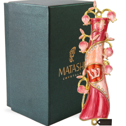 Hand Painted Red & Pink Enamel Mezuzah Embellished with a Pomegranate Floral Design with Gold Accents and High Quality Crystals by Matashi