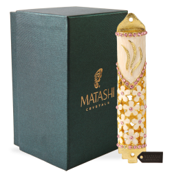 4.25" Hand Painted Enamel Mezuzah Embellished with a Floral Design, Gold Accents and High Quality Purple Crystals by Matashi