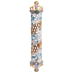 Matashi Turquoise Flower Jeweled enamel Mezuzah with Gold Accents and Stunning Crystals, Jewish Mezuzah with Scroll for Door, Hand Painted Judaica Gift for Home Blessing and Protection