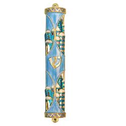 Matashi Light Blue Jerusalem Jeweled enamel Mezuzah with Gold Accents and Stunning Crystals, Jewish Mezuzah with Scroll for Door, Hand Painted Judaica Gift for Home Blessing and Protection